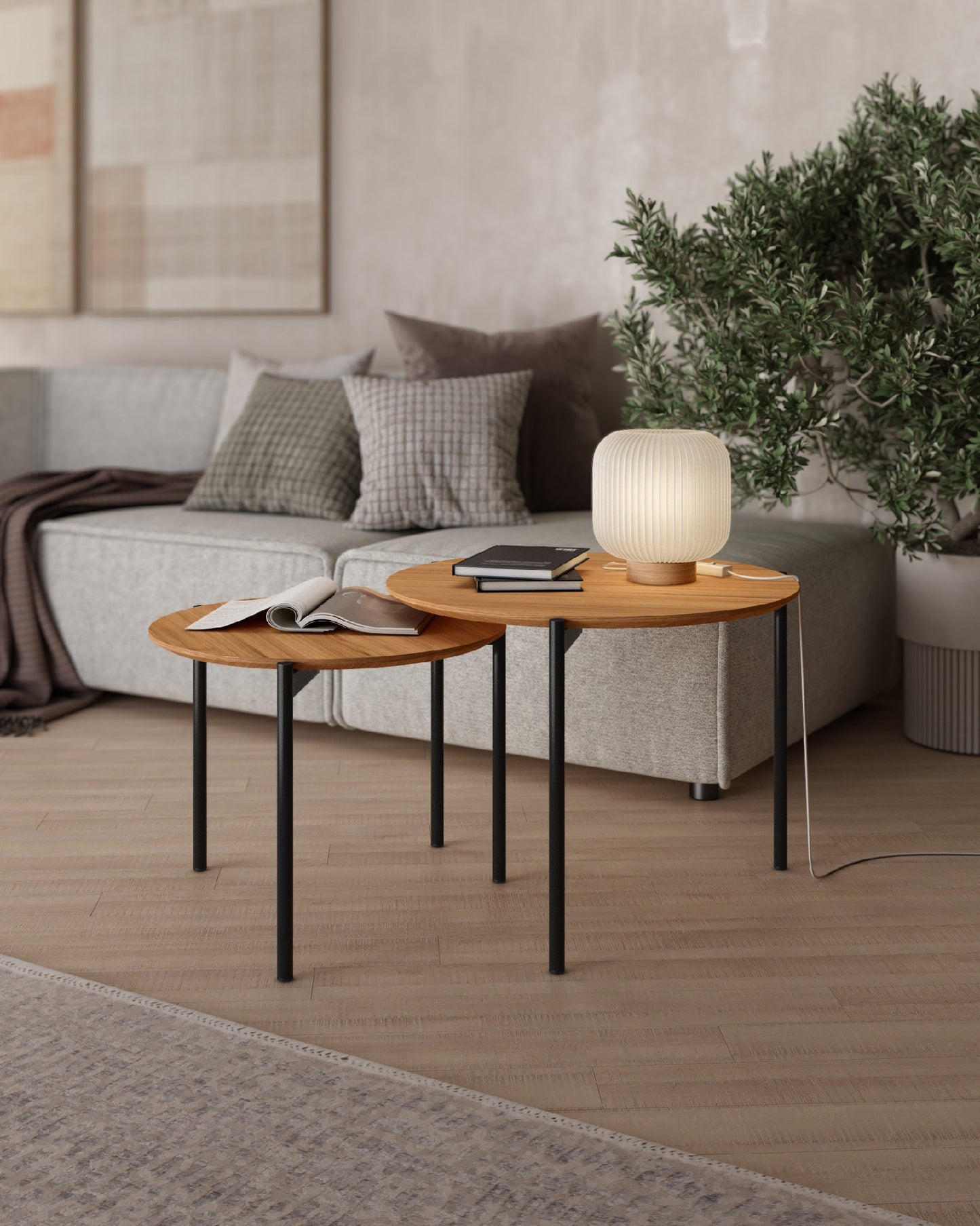 Juego 2 Mesas Centro Auxiliares Redondas Tapa de Madera JALGAR